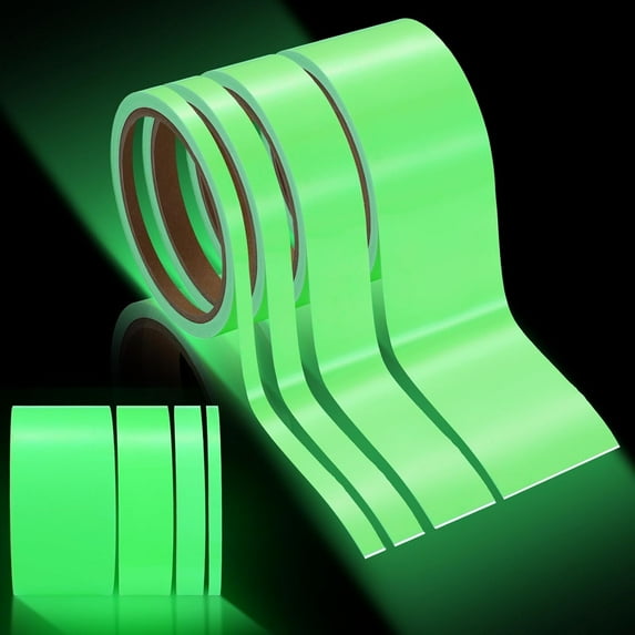 4 Rolls Waterproof Glow in The Dark Tape 16 ft Reflective Long Lasting Bright Fluorescent Glow Tape Sticker Luminous Roll Tape for Outdoor Sports Markers Stairs Night Decoration, 4 Sizes