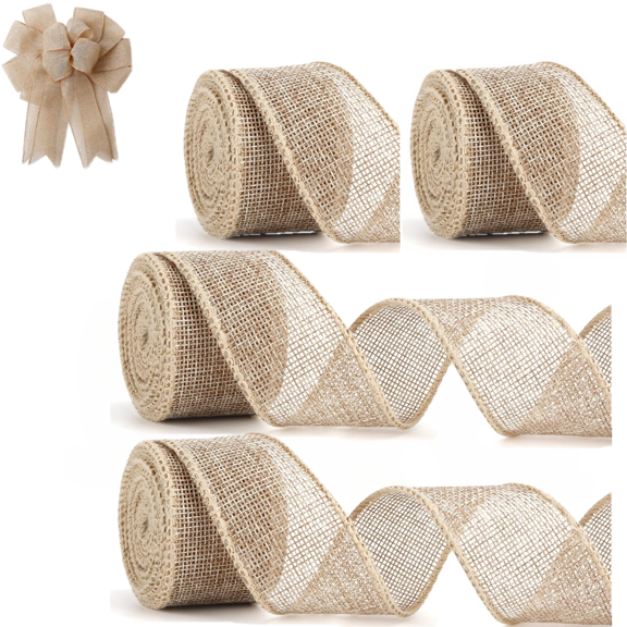 4 Rolls Wired Burlap Ribbon - Natural Jute Craft Wired Edge Ribbons for Wreath Bows, Gift Wrapping, DIY Crafts (1.57in x 5yd/Roll)