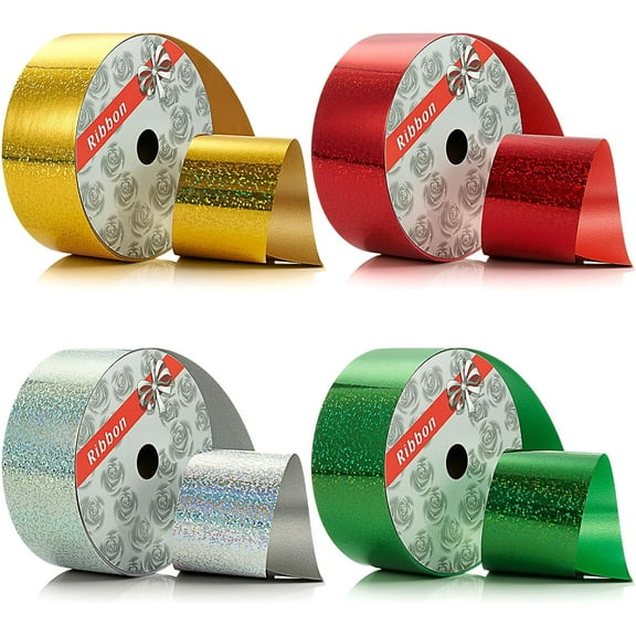 4 Rolls Wrapping Shiny Waterproof Ribbon for Christmas, 50 Yards Curling Plastic Ribbon for Gifts Package Wrapping, Bows, Festival Craft Party Decor(Green, Silver, Red, Gold,2 Inch)