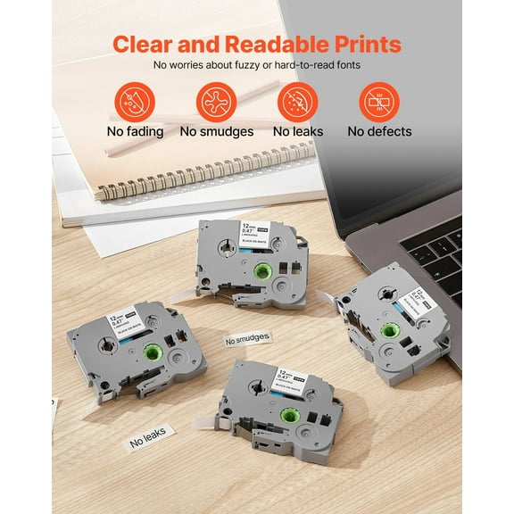 4 Rolls of 12mm Brother TZe-231 Label Maker Tape - Durable Black on White Labels