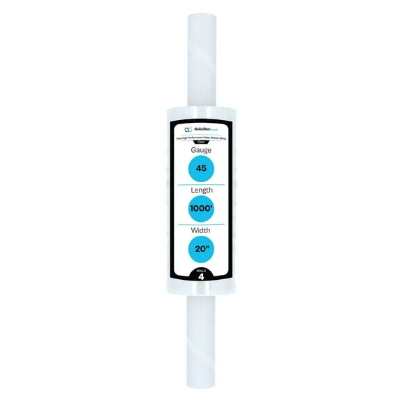 MMBM Clear Stretch Film with Handle 20" x 1000' 45 Gauge 4 Rolls Extended Core Wrap for Pallet Wrapping and Shipping