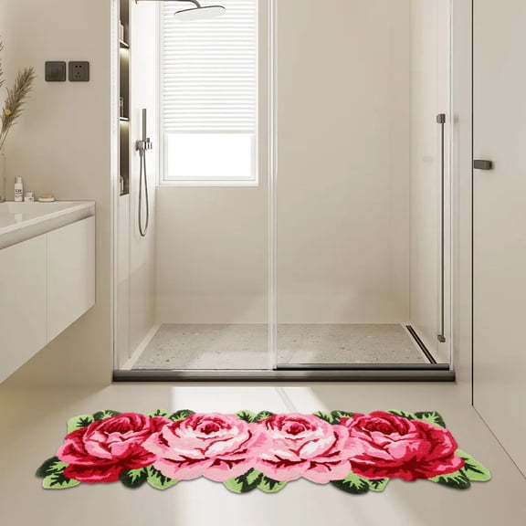 4 Roses Polyester and Tpr Flower Rug Mat - Pink and Green-Unique Style Mat USA