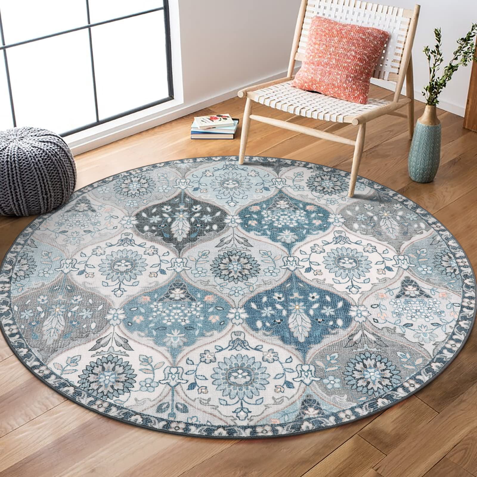 4' (Round) 03-blue/Multi Moroccan Trellis Washable Area Rug - Walmart.com