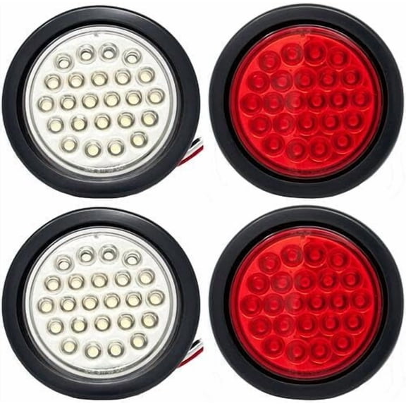 4" Round 24 LED Stop Turn Tail Reverse Backup Parking Lights 2x White + 2x Red