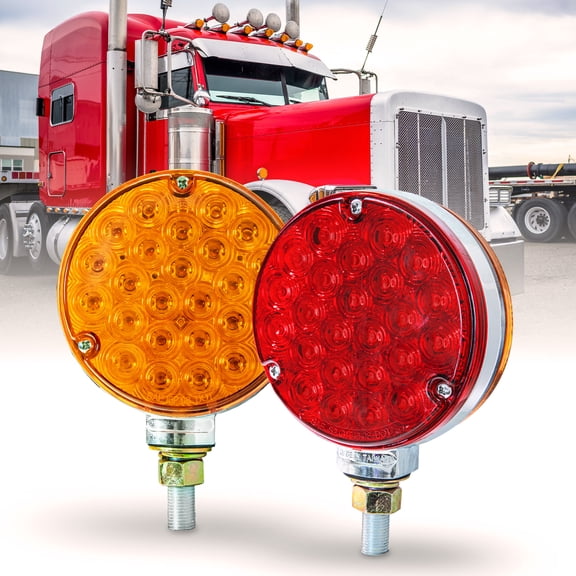 4" Round 48 LED Pedestal Fender Light Set for 80" Wide Semi-Truck[DOT FMVSS-108][SAE I6P / S2(3)TI6][Single Stud]Amber/Red Pedestal Mount Fender Lights Kenworth International Peterbilt Freightliner