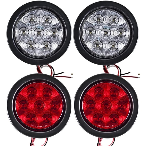 4" Round 7 LED Turn Trailer Tail Lights Waterproof Grommet 2x Red + 2x White