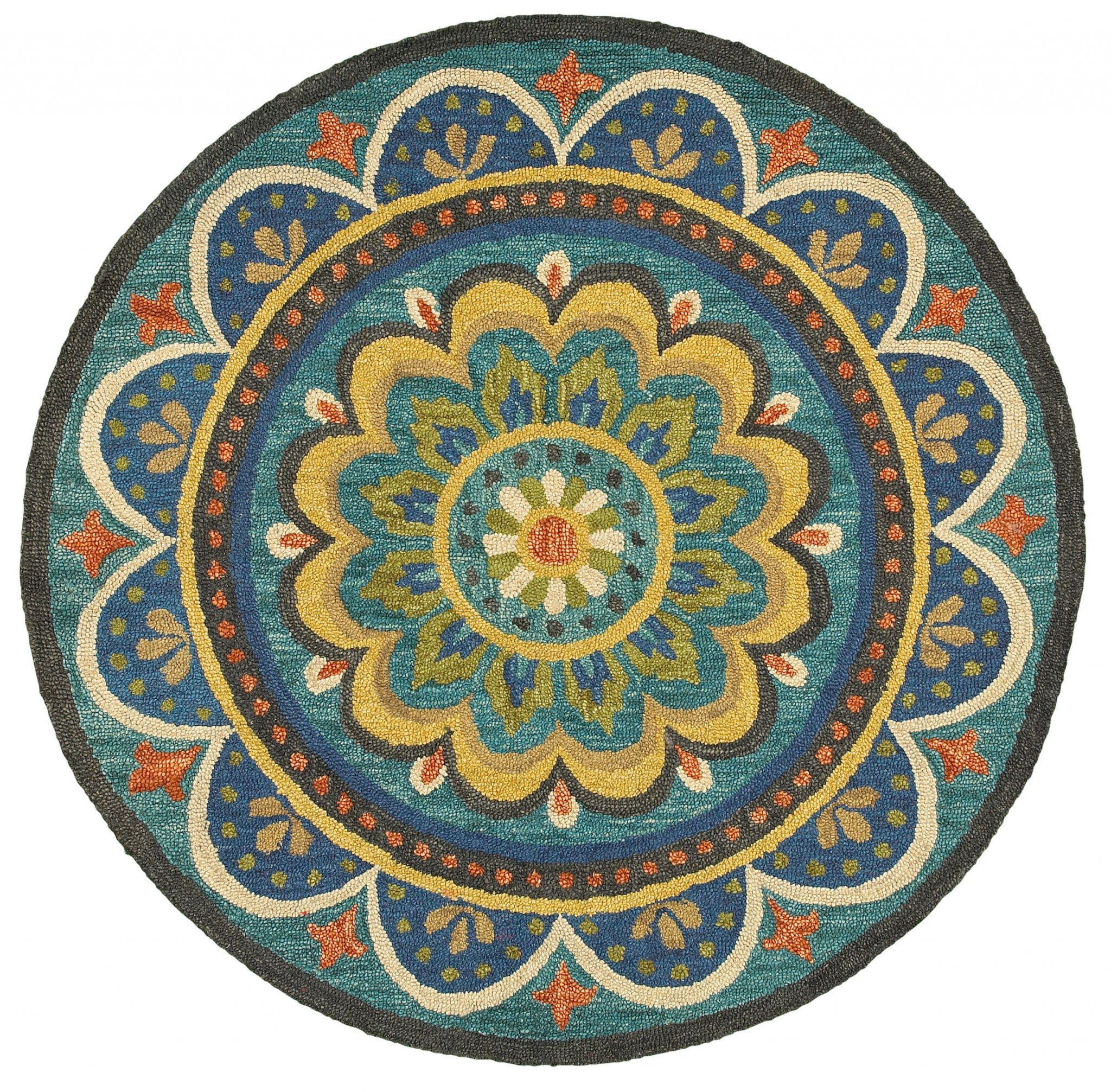 Handmade Blue and Yellow Floral Wool Round Area Rug
