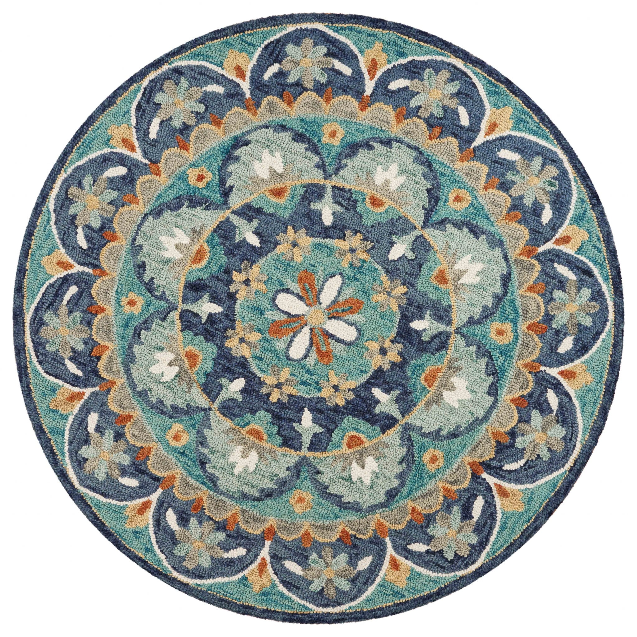 Hand-Tufted Round Blue Floral Mandala Wool Area Rug