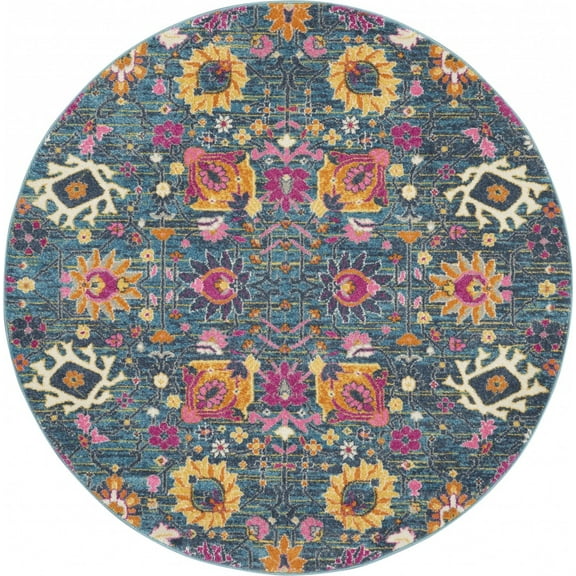 4â€™ Round Denim Blue Florals Distressed Area Rug