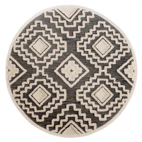 4â€™ Round Gray and Cream Geometric Area Rug