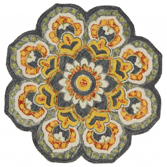 4’ Round Gray and Gold Floret Area Rug
