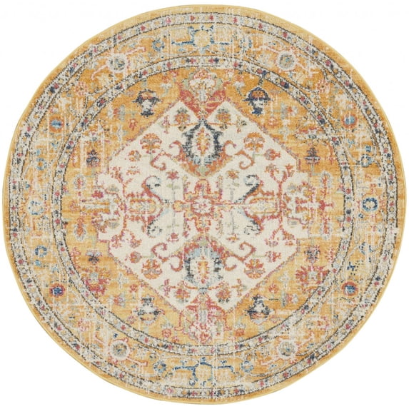 4’ Round Ivory and Yellow Center Medallion Area Rug