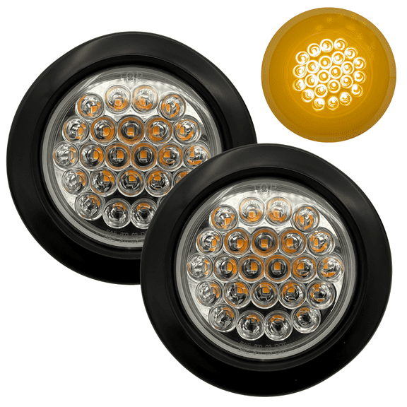 4" Round LED Recessed Amber Strobe Light/Clear Lens, 24 LED DOT/SAE Approved & Marked, Waterproof, Super Bright High Powered Strobe Towing Construction Truck (2PC with Grommet + 3 Wire Pigtail Plug)