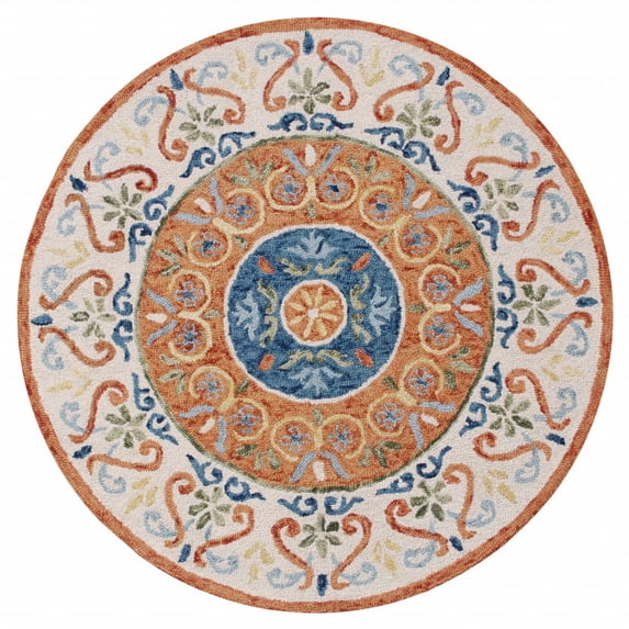 4’ Round Orange Traditional Medallion Area Rug
