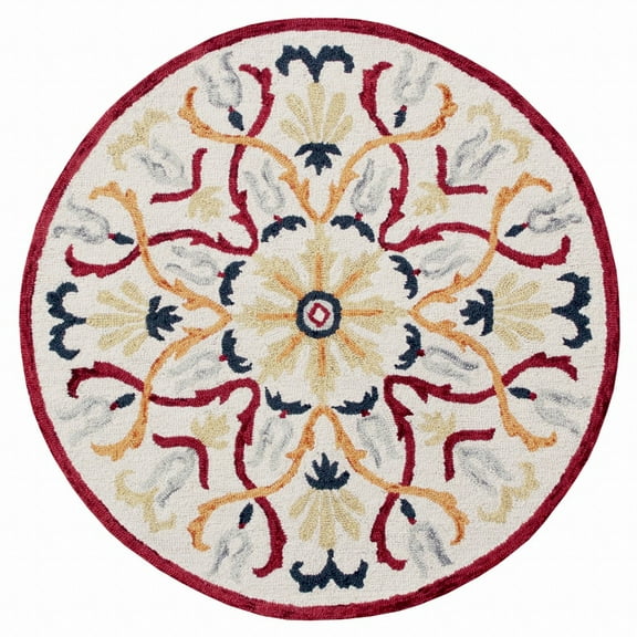 4â€™ Round Red and Ivory Floral Filigree Area Rug
