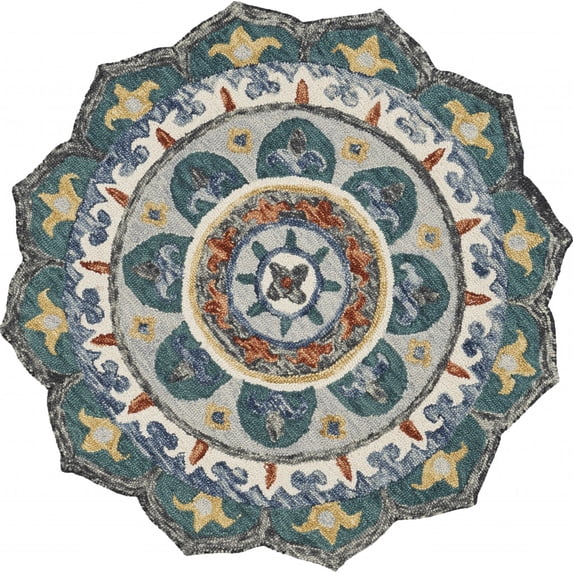 4’ Round Teal Decorative Floral Area Rug