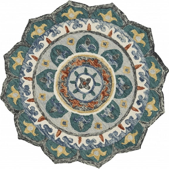4â€™ Round Teal Decorative Floral Area Rug