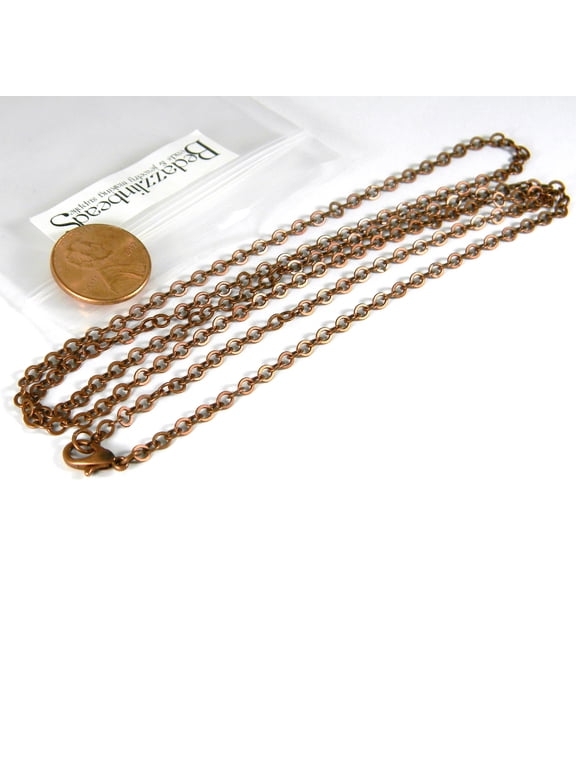 4 Rustic Antique Copper Plated 32 Inch Long 3mm Thick Cable Link Brass Metal Chain Necklaces with Lobster Clasps
