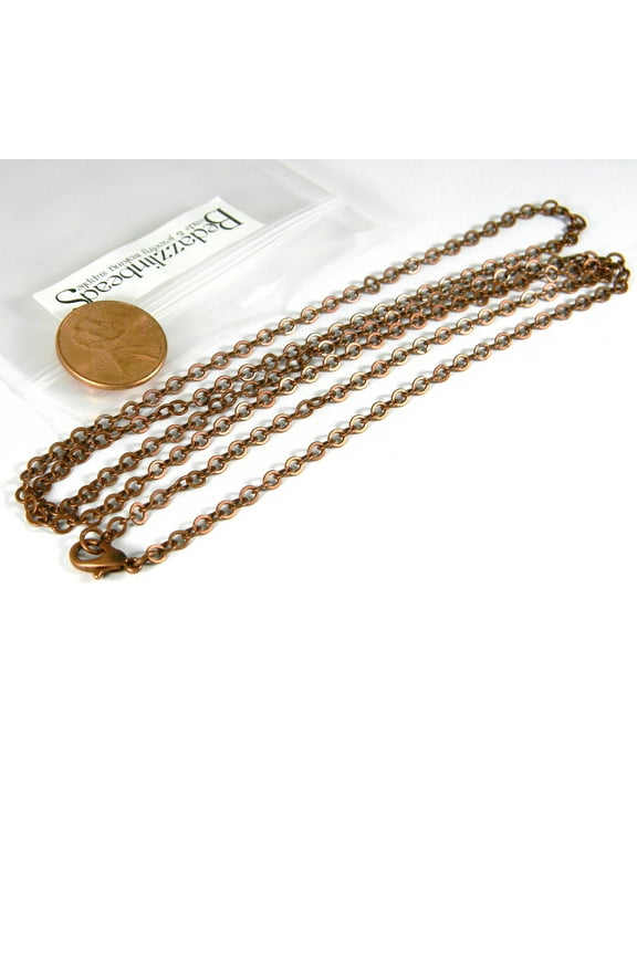 4 Rustic Antique Copper Plated 32 Inch Long 3mm Thick Cable Link Brass Metal Chain Necklaces with Lobster Clasps