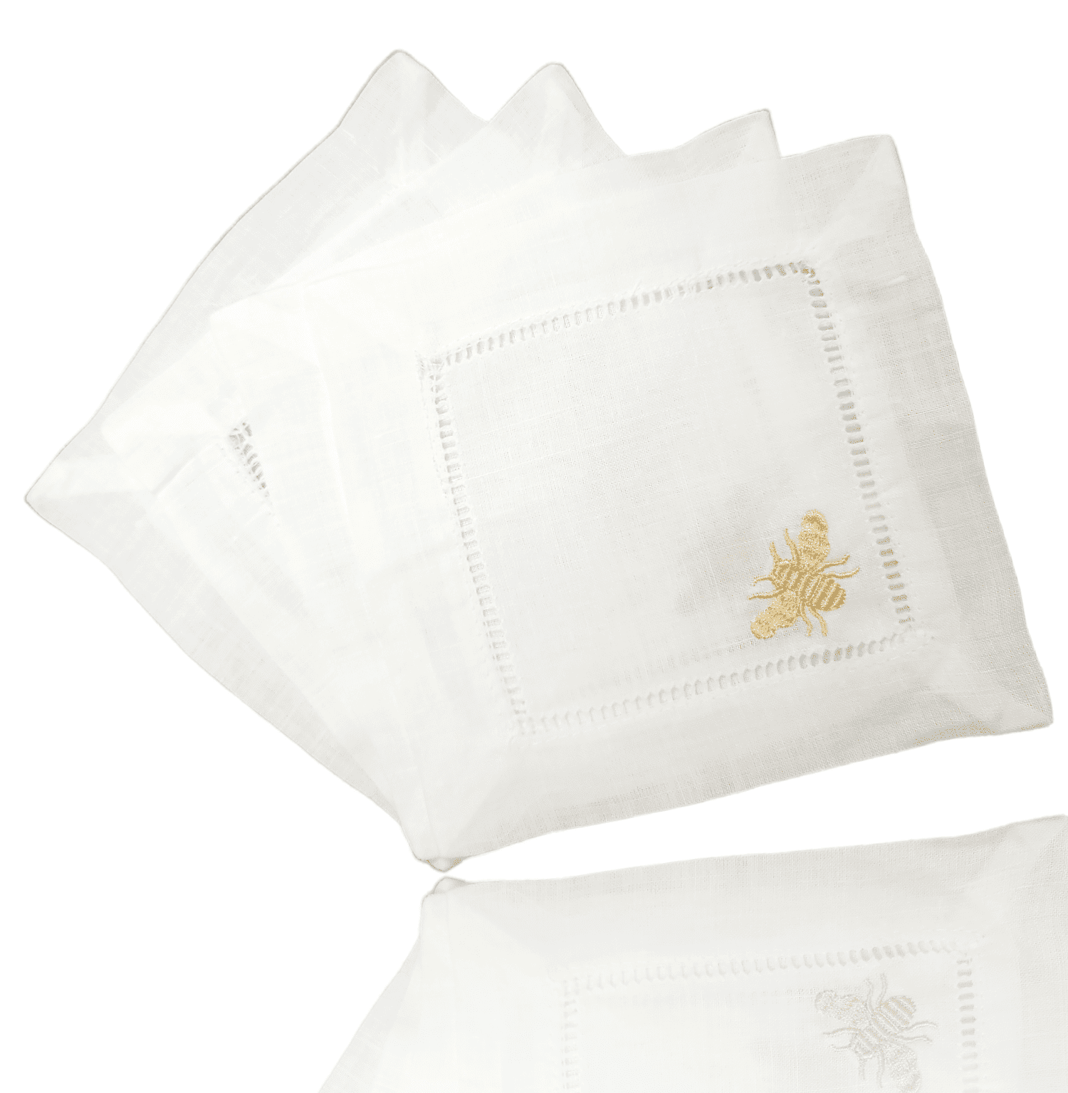 White Linen Hemstitch Cocktail Napkins with Bumblebee Embroidery, Set of 4