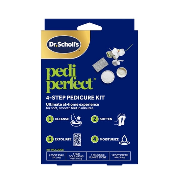 Dr. Scholl’s Pedi Perfect 4-in-1 Pedicure Kit, Foot Soak, Exfoliating Mask, Moisturizing Cream, Pumice Stone Foot File & Callus Remover