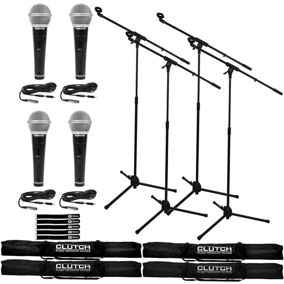 (4) Samson M10 Handheld Dynamic Vocal Microphones with Microphone Boom Stands Package