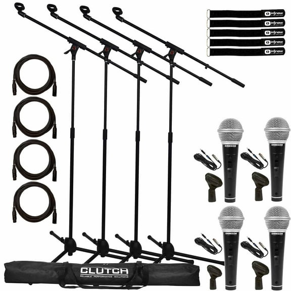 (4) Samson M10 Handheld Dynamic Vocal Microphones with Tripod Microphone Stands Package