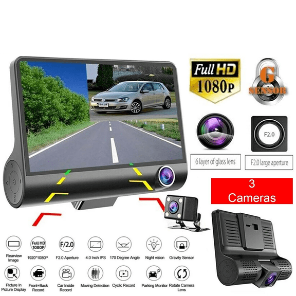 4" Screen Triple Lens 1080P HD Car Dash Cam DVR Video Recorder
