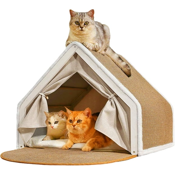 4 Seasons Indoor Cat House Bed Cave with Natural Sisal Scratcher Mat, Solid Wood Frame with Curtains and Floor Scratching Pad Rug for Couch and Carpet Protection