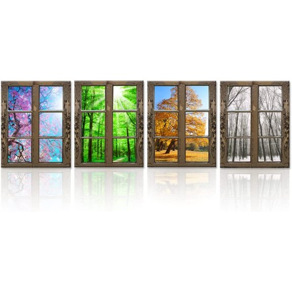 4 Seasons Modern Landscape Window Frame Style Wall Decor Spring Summer Autumn Winter Season Changes Forest with Sunshine Picture Print On Canvas for Living Room Stretched Ready to Hang