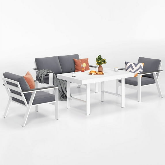 4 Seat Aluminum Patio Furniture Set Modern Outdoor Sofa with Water-Resistant Cushions, Metal Patio Conversation Set with Dining Table for Balcony, Front Porch, Backyard, White