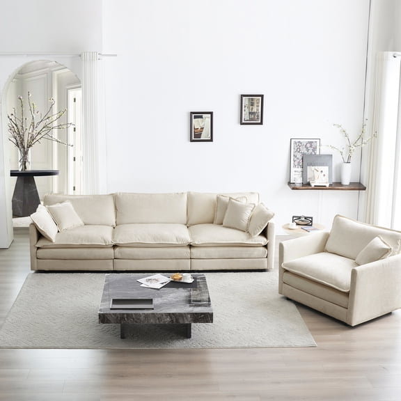 4 Seat Beige Chenille Sectional: Upholstered With Quality Sponge And Solid Wood 2 Sectional For Apartment: Frame Deep