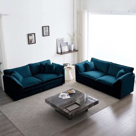 4 - Seat Blue Chenille Couch - Modular Re - arrangement - Home Theater Setup - Personalized Space