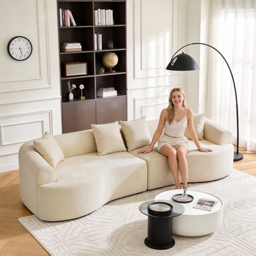 4 Seat Curved Modular Boneless Sofa, Compression Sectional Couch with Medium-Firm Feel, Chenille Upholstered Sleeper, Living Room Bedroom Apartment Lounge, White