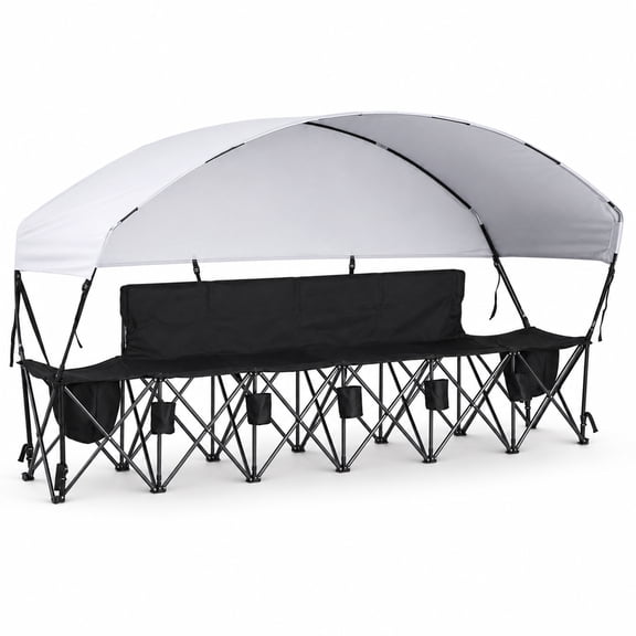 4-Seat Folding Team Bench with Canopy, Cooler Bag and Cup Holders, Portable Sideline Bench for Soccer, Football, Camping and Events, Black