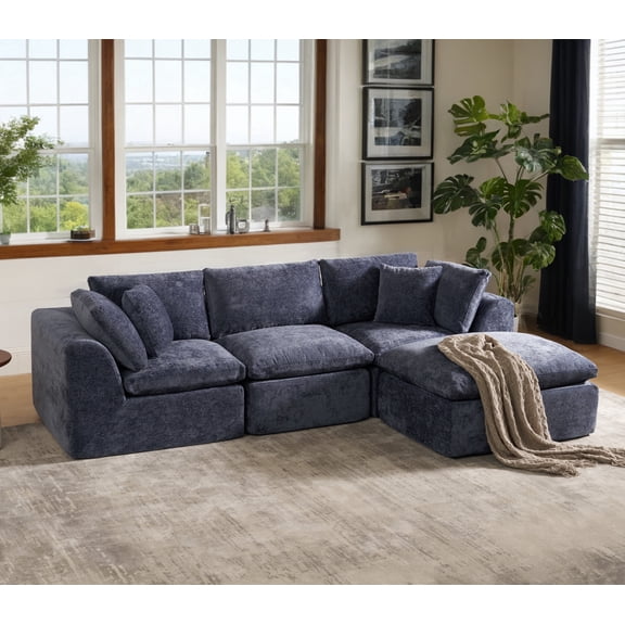 4-Seat L-Shape Modular Sectional Sofa with Ottoman, Boneless Cloud Design, No-Assembly Living Room Couch, 110" Wide, Navy