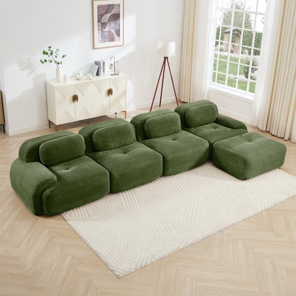 4-Seat L-Shaped Sofa 32D High-Resilience Sponge Anti-Slip Design Chaise Design Extra-Wide Curved Armrests Multi-Free Combination No Assembly for Studies Living Rooms Media Rooms (Green)