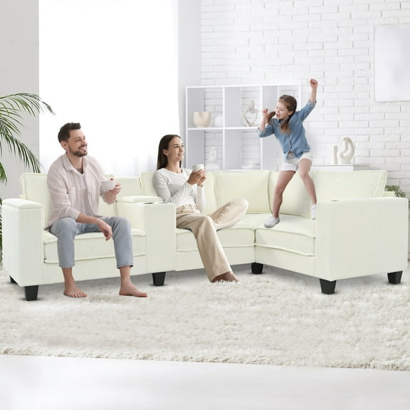 4 Seat Modern Sectional Sofa with USB Charging Port & Cupholders, Corduroy Convertible Modular Sofa with Large storage armrests , for Living Room, Apartment, Beige