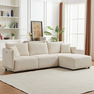4 Seat Modular Couch, Multi-Module Combination Style Sofa for Living Room and Other Lounge Spaces, Modern Minimalist Corduroy Combination Sofa with 2 Cushions with USB & C Charging Ports, Beige