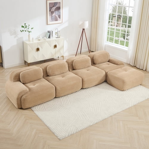 4 Seat Modular L Shaped Corduroy Sectional Sofa, No Assembly Cloud Couch with Chaise Lounge, Deep Seat Sofa with High Resilience Foam, Curved Armrests, Non Slip Base for Living Room, Camel