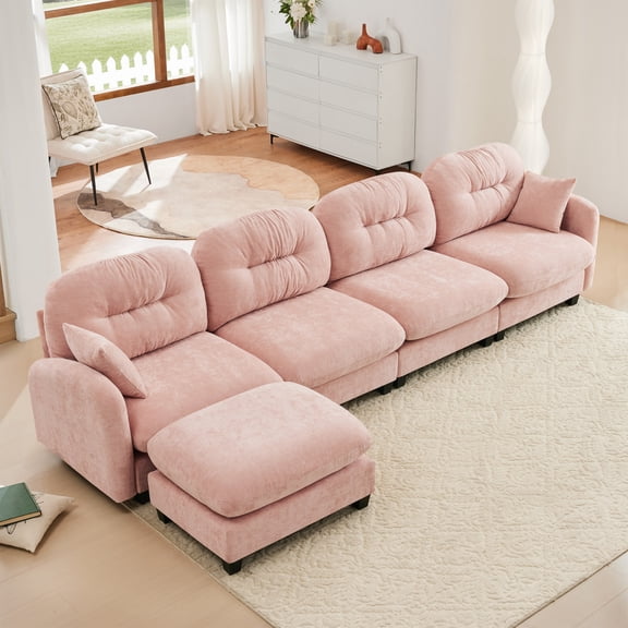 4 Seat Modular Sectional L Shaped Couch With Ottoman,Deep Seat Sofa with Pillow,Cloud Couch with Premium Chenille Fabric,Tufted Cushion Backrest Design,Easy Install,for Bedrooms,Living Rooms,Pink
