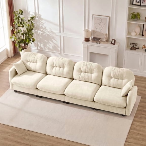 4 Seat Modular Sectional Sofa with 2 Throw Pillows, Chenille Cloud Couch, Convertible Modular Couch with Tufted Pleated Backrest, High Density Foam Seating for Living Room Bedroom Reading Nook, Beige