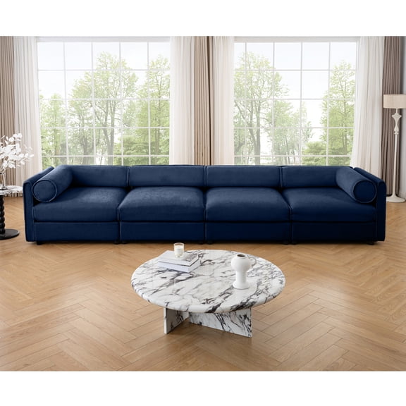 4-Seat Modular Sectional Sofa | Luxurious Blue Chenille | Ergonomic Cylindrical Backrest | Built-in Storage | Easy Assembly for Living Room