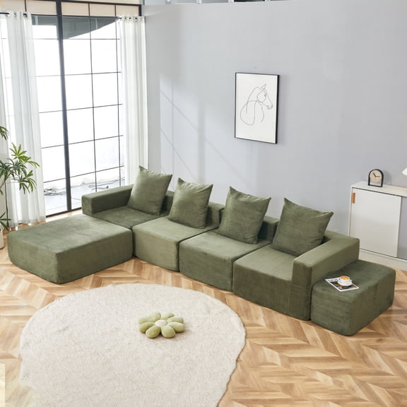 4-Seat Modular Sectional Sofa with Oversized Chaise & Ottomans - Soft Corduroy Cloud Couch for Small Spaces/Living Room/Apartment,Green