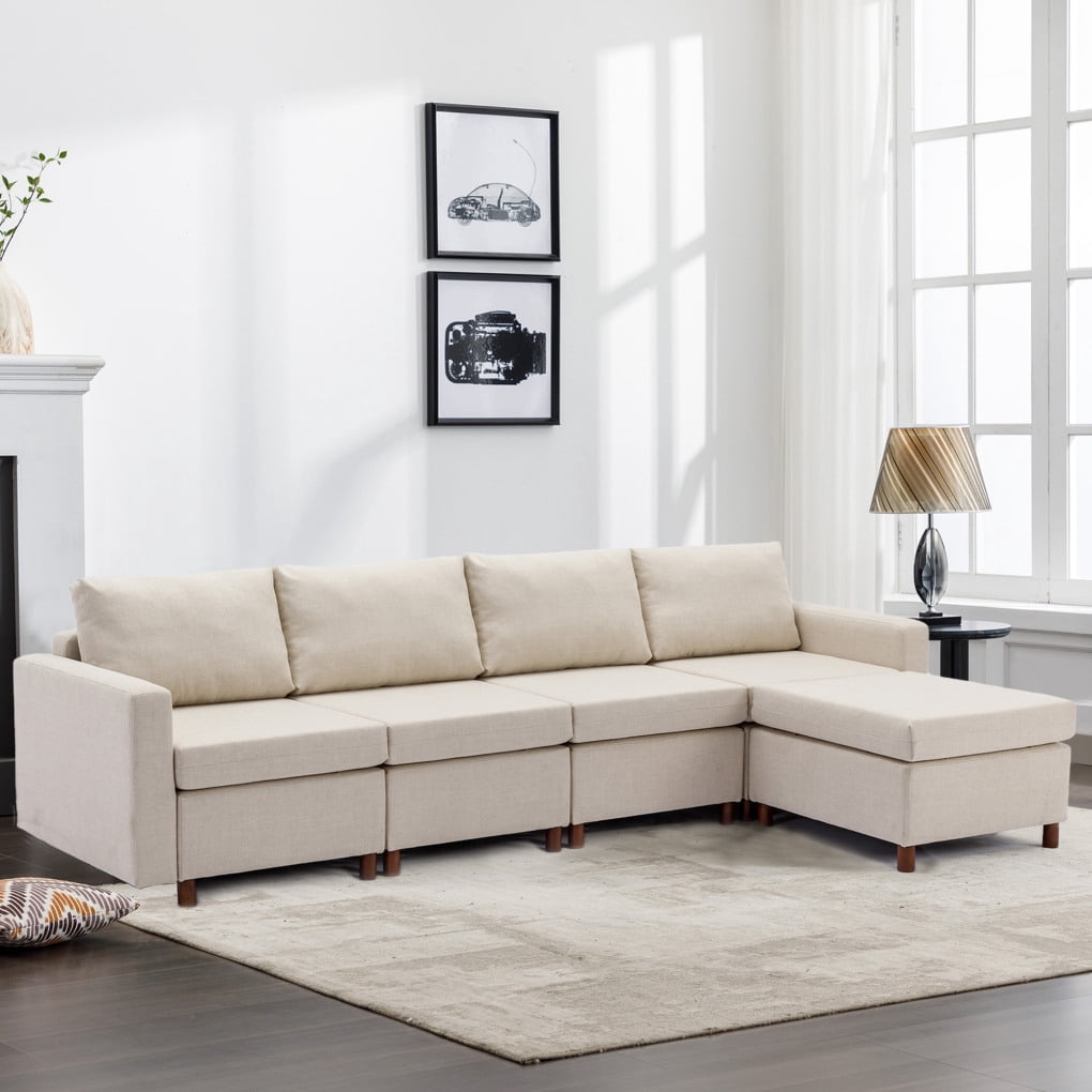 Module Section Sofa 4 Seat Linen Fabric Module Sectional Sofa with 1 Ottoman, Customizable ...