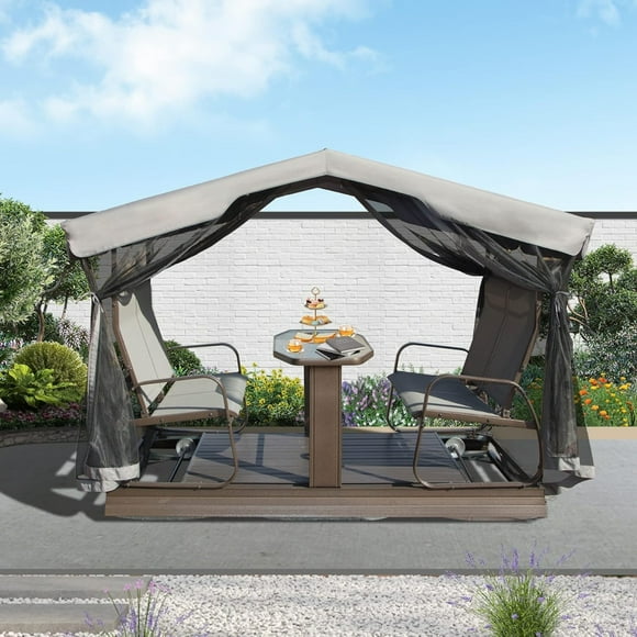 THOWDEE Metal and Aluminum Outdoor Glider Bench with Canopy, Gray+Brown