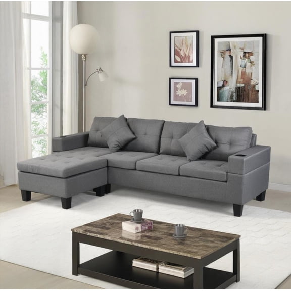 Modern L-Shaped Sectional Sofa in Faux Linen Grey for Living Room (220×80×75cm)