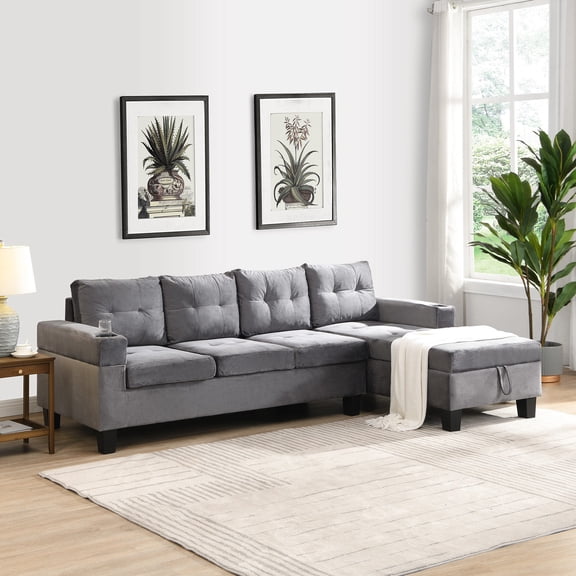 4-Seat Sectional in Grey | Storage Function & Cup Holders | Living Room Relax