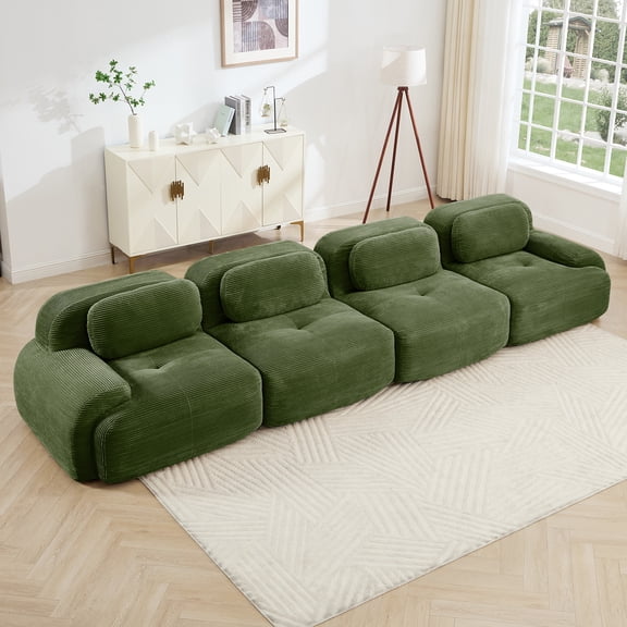 4-Seat Sofa Soft Corduroy Fabric 32D High-Resilience Sponge Pet-Friendly Ergonomic Design Full Compression Vacuum Packaging Free Combination No Assembly for Bedrooms Studies (Green)