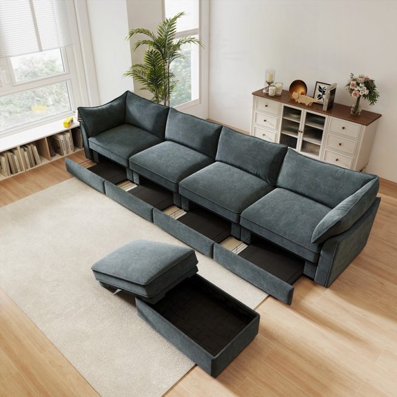 Modern L-Shaped 4-Seater Sectional Sofa with 1 Movable Ottoman - Chenille Fabric, 220×80×75cm